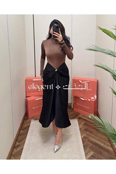 Elegent فستان سهرة فاخر استرتش بني وميكادو أسود بتفصيلة لؤلؤية