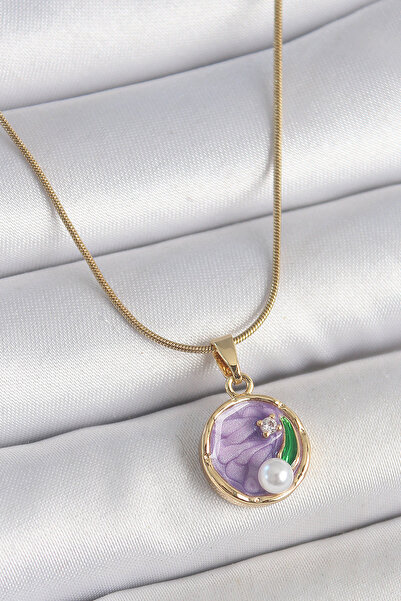 Skygo 316L Steel Gold Color Chain Purple Flower Embroidered Zircon Stone Pear...
