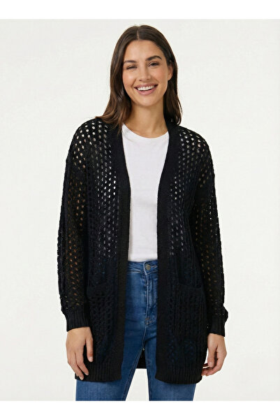 peralist Women's Lace-Like Knit Low Black Hollow Out Knit Standard Length Swe...