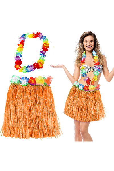 Skygo Hawaii Luau Aloha Turuncu Püsküllü 40 cm Etek ve Hawaii Kolye Seti