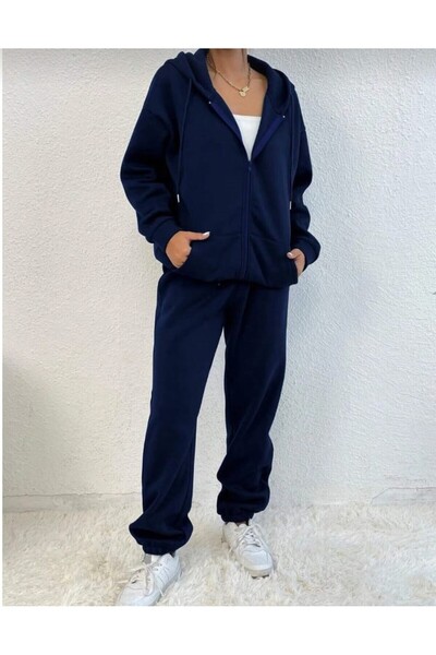 QAST GİYİM SANATI lacivert Fermuarlı Kışlık Oversize Kadın Eşofman Takımı