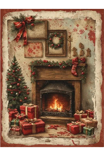 BiveSa Yılbaşı Ve Şömine Temalı Ahşap Retro Poster