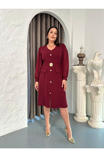 ZY BUTİK فستان بوردو كبير الحجم بياقة على شكل حرف V وأكمام طويلة من الشيفون م...