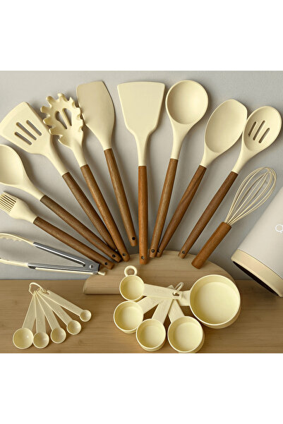 Evanev Maylis Akasya Ağacı Saplı 22 Parça Silikon Mutfak Seti Beyaz (SÜPER FİYAT)