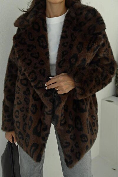 Lunea Womens Kadın Koyu Kahverengi Leopar Desen Premium Kürk