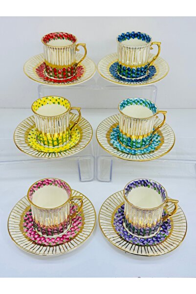 EVRA 6 Kişilik 24K Altın Yaldızlı Yeni El Boyaması Kahve Fincan Takımı m19