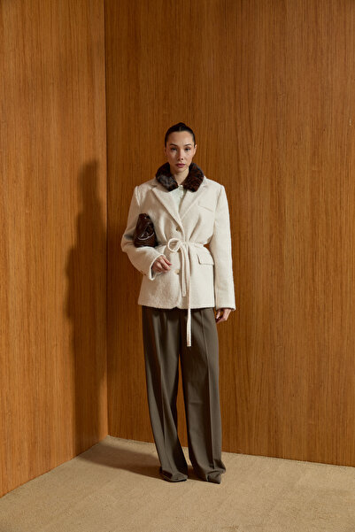 PELONY Krem Bağlamalı Yün Blazer Ceket Kaban