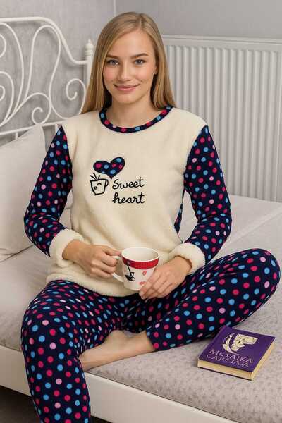 ANATOLIATEKSTILE Women's Warm Fleece Pajamas - Printed Pattern, Blouse + Pants Set, Soft & Cozy, Slim Fit