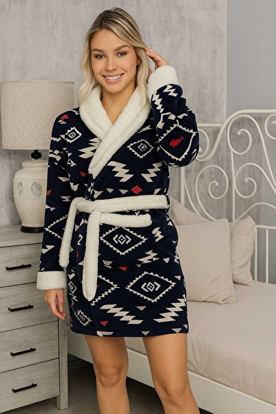 ANATOLIATEKSTILE Women's Warm Fleece Bathrobe – Printed Pattern, Fluffy Fur, With Cord, Soft & Cozy