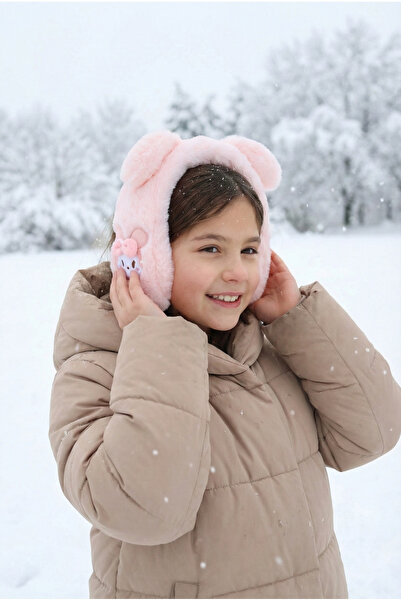 PRVT Çocuk Pembe Tavşan Figürlü Peluş Kulaklık – Sıcak Tutucu Kışlık Kulak Isıtıcı