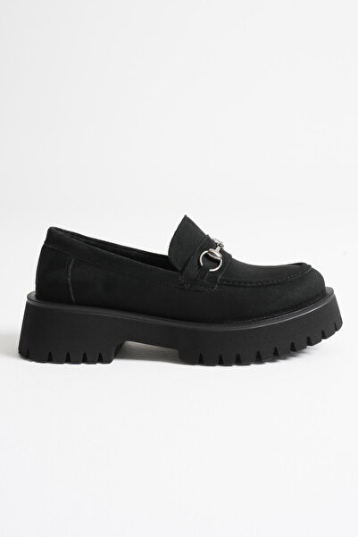 TRENDELLA Lara Buckle Detailed Black Suede Casual Loafer Shoes