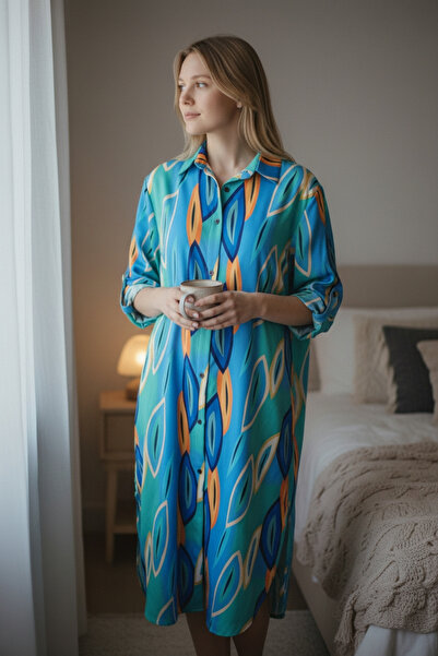 Store Kadın Desenli Viskon Gömlek Yaka Midi Elbise – Turkuaz