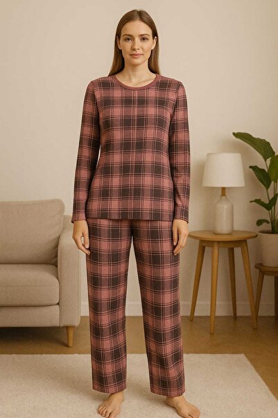 MİSS ADELLA Women's Micro Suede Nightwear Without Pockets Winter Comfortable Square Striped Fade Pink Patterned Home Tracksuit Set