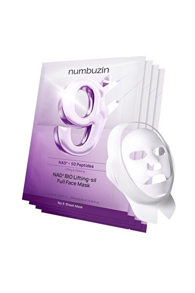 Numbuzin قناع شد الوجه الكامل رقم 9+ NAD+ BIO، ببتيد وكولاجين، 4 ورقات + شريط شد
