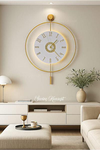 AGA KONSEPT Led'li Gold Izmir 24 Kristal (Orta Boy 40 X 60 Cm), Modern Dekoratif Sarkaçlı Metal Duvar Saati