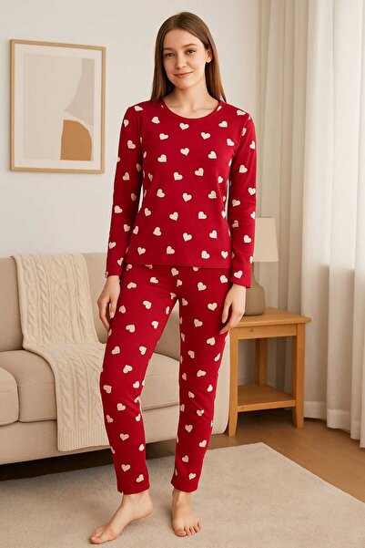 MİSS ADELLA Women's Micro Suede Nightwear Without Pockets Winter Comfortable Red Heart Patterned Home Tracksuit Set