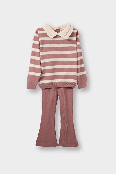 DeFacto Baby Girl 2-Piece Set Striped Polo Neck Knitwear Sweater Flared Knitwear Leggings C8453A525Au