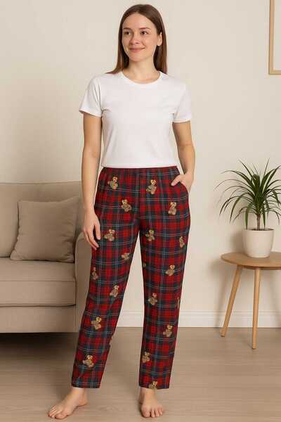 MİSS ADELLA Women's Micro Suede Pocketless Winter Home Square Striped Bear Tracking Pants