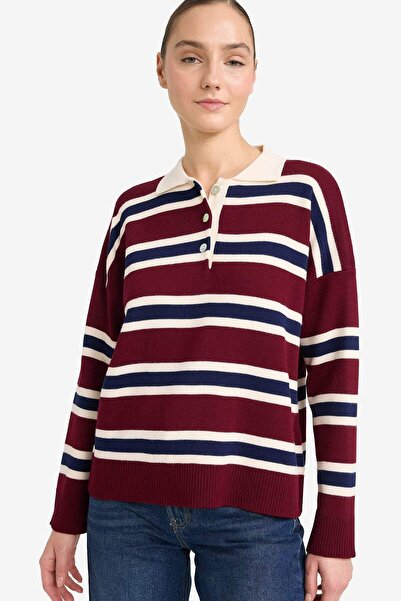 DeFacto Oversized Wide Fit Polo Neck Striped Sweater G7178Ax25Wn