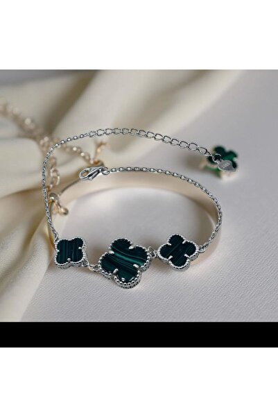 ZEY 925 Ayar Gümüş Zirkon Taşlı Yeşil 3'lü Yonca Şans Kadın Hediyelik Bileklik