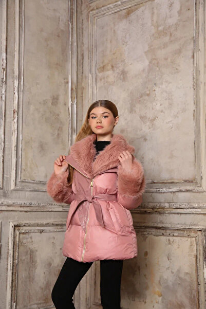 Girls Inflatable Coat Gold Stone Leather Detailed Furry Belted