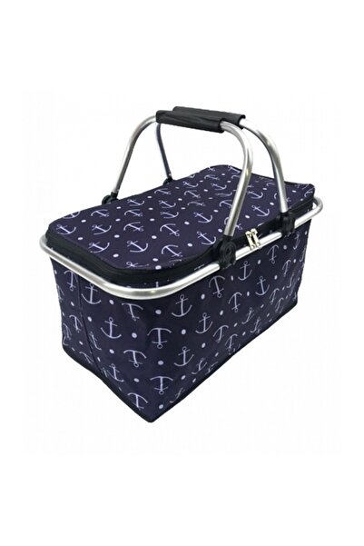G Golden Case Folding Thermal Picnic Basket, 46 x 28 cm, Aluminum Frame, Anchor Pattern, Navy