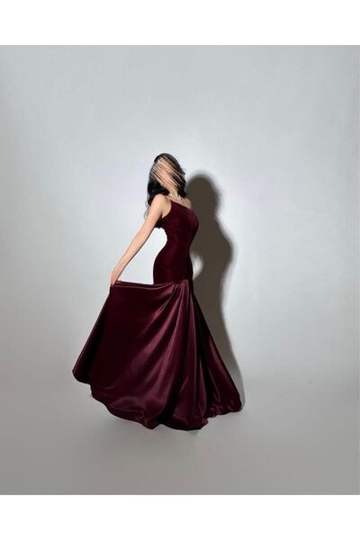 GABANCII فستان سهرة مخملي طويل بلون خمري – قصة حورية أنيقة