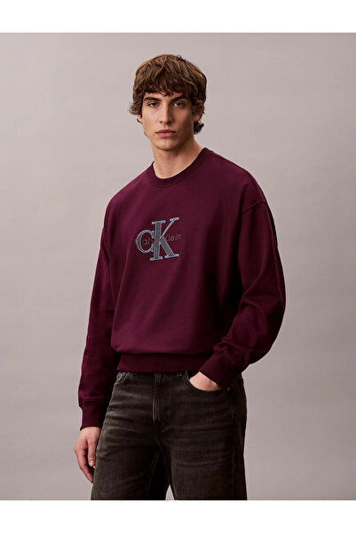 Calvin Klein Erkek CK Yazı Desen Uzun Kol Pamuklu Bisiklet Yaka Mor Sweatshir...