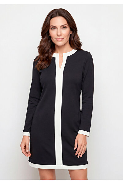 Little Visqon Uzun Kollu Siyah Beyaz Renk Bloklu V Yaka Mini Elbise