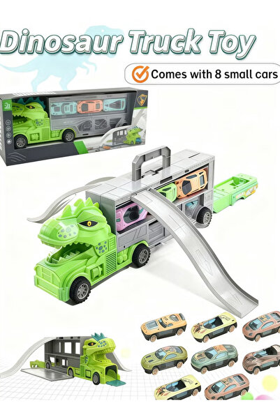 Generic Dinosaur truck toy, comes with 8 small cars, transport vehicle, transport truck,Green