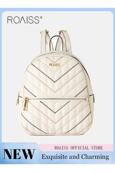 ROAISS حقيبة ظهر صغيرة مزدوجة الكتف، جميلة ورائعة، مصنوعة من جلد البولي يوريثان، بخيوط تطريز هندسية للنساء