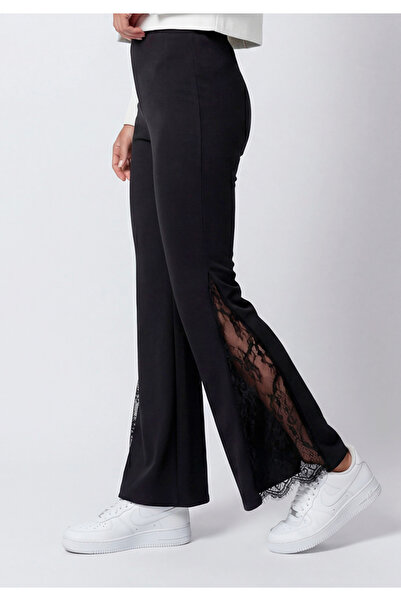 Little Visqon Tül Dantel Detaylı İspanyol Paça Siyah Likralı Tayt