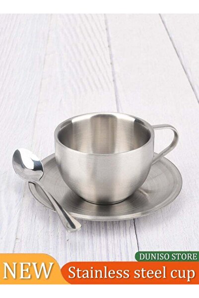 DOMEET Coffee Cup Set, Stainless Steel Espresso Cup with Plate and Spoon, 180ml, Silver