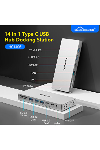 Choice HC1406 Blueendless 14 في 1 موزع من النوع C مع محطة إرساء 4K 60 هرتز HD...