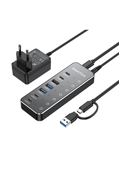 Choice EU Plug Adapter RSHTECH Powered 7 Port 10Gbps Data USB Hubs Individual On/Off Touch Switches Splitt