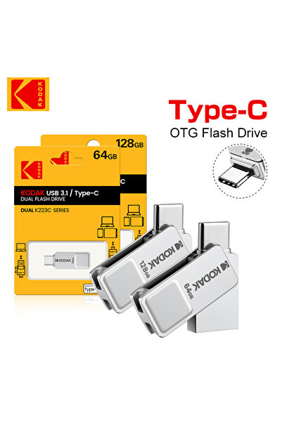 Kodak 128 GB Silver Metal 3.1 USB-C Flash Drive 360° Rotating 64GB-128GB 2-in-1 USB-A & USB-C High-S