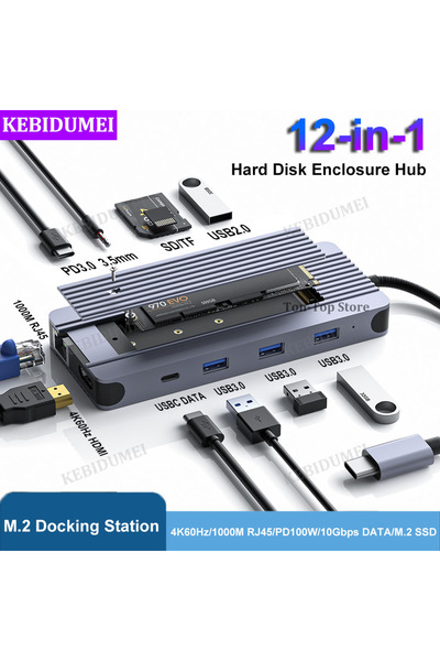 Kebidumei 12-in-1 M.2 SSD 12-in-1 M.2 SSD Enclosure Hub USB C Docking Station...
