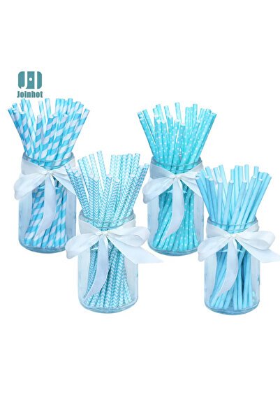 Choice مزيج من التصاميم الزرقاء شحن مباشر 100 قطعة/الوحدة السماء الزرقاء ورقة القش الشرب أنابيب الشرب حزب مستلزمات