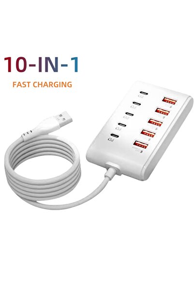 Choice شاحن USB متعدد المنافذ 10 في 1 أبيض من النوع C بمقبس طاقة سريع الشحن ل...