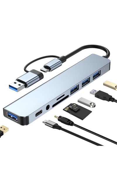 Choice Gray Hannord 8 In 1 USB HUB Splitter Card Reader USB C Port USB 3.0 USB 2.0 SD/TF 3.5mm Audio Dockin