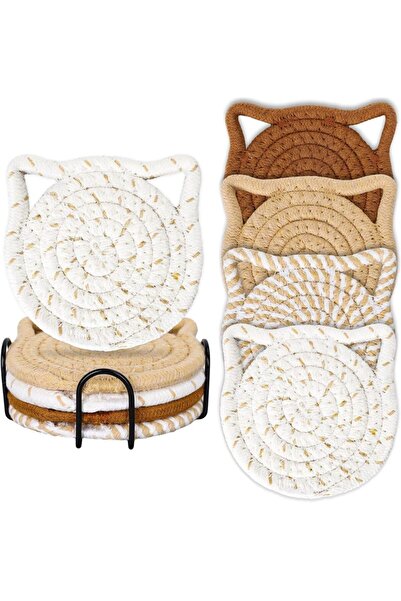 Choice Indian brown Cat Ear Coasters Set Brown White Handmade Braided Cotton ...