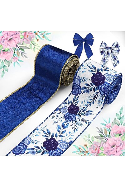 Choice شرائط زهور الربيع الزرقاء، مقاس 2.48 بوصة × 5 ياردات، طراز 5، 2 لفة، ل...