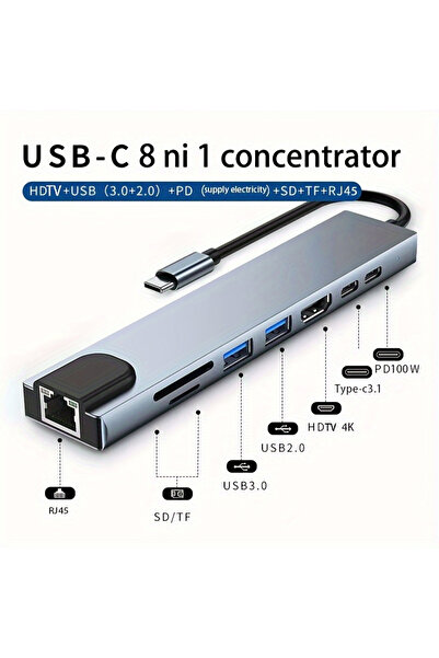 Choice موزع USB 8 في 1 من النوع C، موزع USB 3.0 من النوع C، محول HDMI PD87W ع...