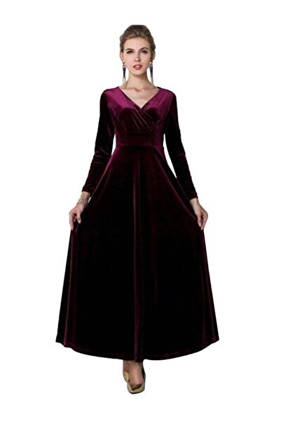 OUTAD فستان منسدل سادة بأكمام طويلة وقصة A باللون الأحمر النبيذي