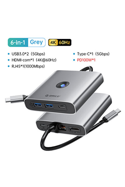 Orico 6-in-1 60Hz RJ45 USB 3.0 Adapter HUB Type C to 4K60Hz HDMI-Compatible D...