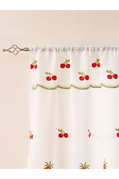 Choice ستارة نافذة صغيرة من الدانتيل مطرزة باللون الكرزي الريفي الأحمر مقاس 250 × 107 سم، لا تحتاج إلى ثقب، قصيرة