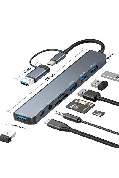 Choice موزع USB C باللون الرمادي، موزع USB 8 في 1، موسع USB مع 4 منافذ USB، م...