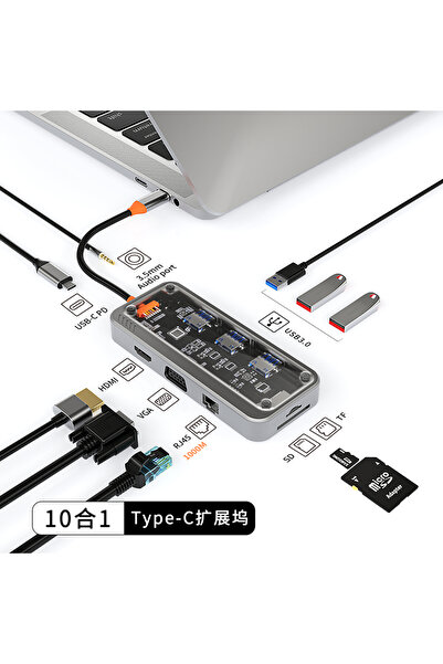Choice موزع USB-C من Gray Basix، 10 في 1، من النوع C إلى PD، HD-MI، USB3.0*3، SD، TF، إيثرنت، RJ45، 1000M V
