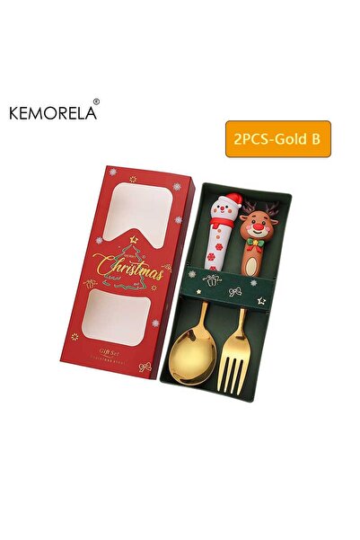 Choice 2PCS Gold B 2PCS Stainless Steel Tableware Christmas Spoon Fork Set Cake Dessert Spoon Fruit Fork Sa