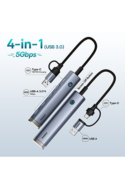 Baseus 4-in-1 with USB 3.0 USB Hub Type-C USB-A Adapter to USB 3.0 5Gbps Data Transfer RJ45 Gigabit